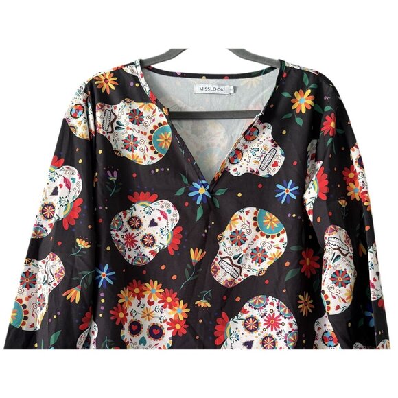 Misslook Women's Black Floral Skull Print V-Neck Long Sleeve Blouse Size S GUC - Picture 2 of 7